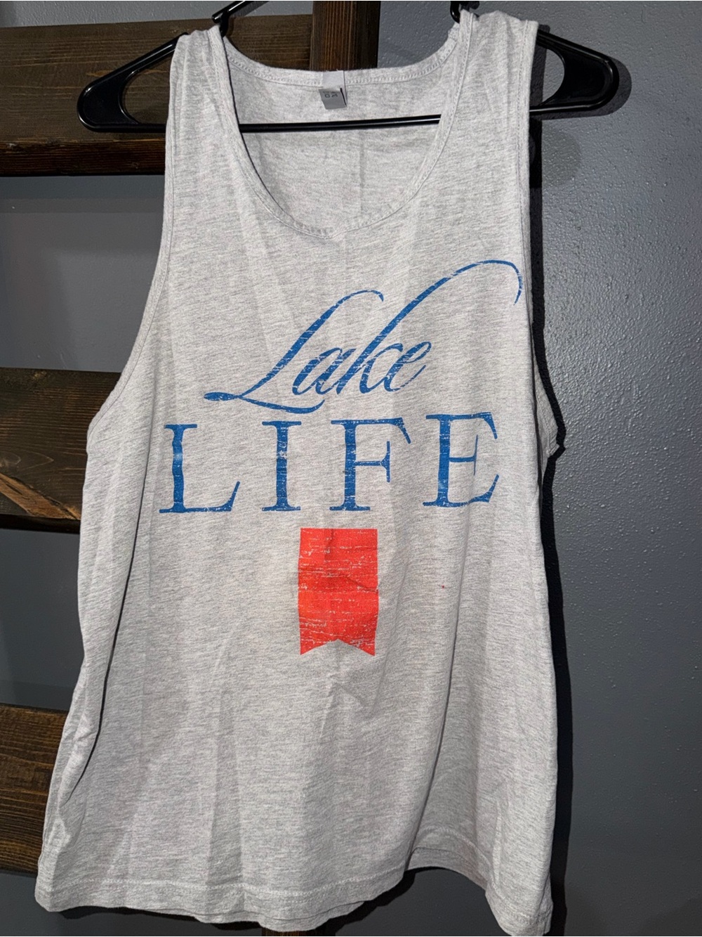 Lake Life Graphic Tank Top - Light Gray with Blue & Red